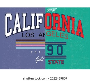 California typography block graphic print for t shirt. Beach college font colorful line artwork for apparel and others. Los angelese calligraphy front print design. 