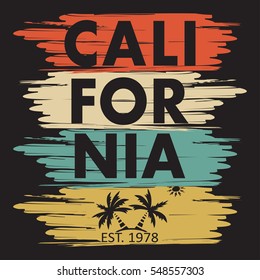 California typography for design clothes, t-shirts. Palm, sun. Graphics for print product. Vector illustration.