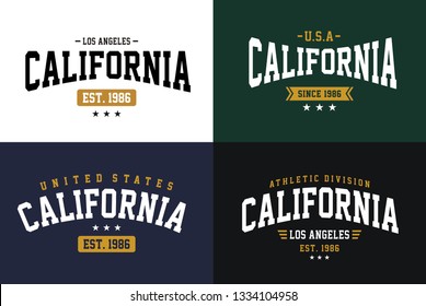 California typography designs, set for t-shirt print and other uses. college style design graphics.