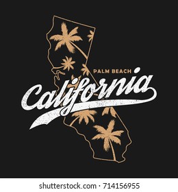 California typography graphics for t-shirt, clothes. Grunge print for apparel with palm trees and map. Vector illustration.