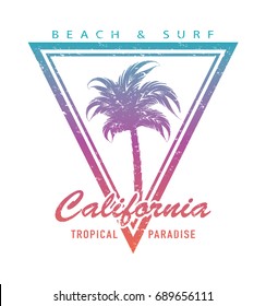 California typography and palm tree, Summer beach surf concept, Vector print design, T shirt graphic