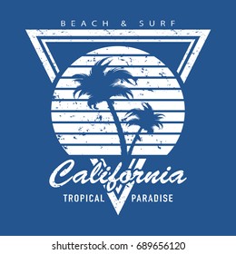 California typography and palm tree / Summer beach surf concept / Vector print design / T shirt graphic