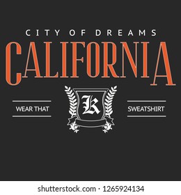 California typography slogan print design. T shirt graphic or other Fashion slogan vector print. For t-shirt or other uses - Vektör