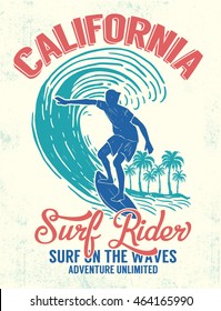 California Typografie mit Surfer und Palmen-Baumgrafik für T-Shirt-Druck , Vektorgrafik.