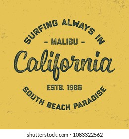 California typography. Textured vintage vector t-shirt and apparel design; typography; print; logo; poster. Vector