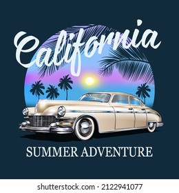 California typography for t-shirt print with  retro car and palm tree silhouette on sunset background.Vintage poster.