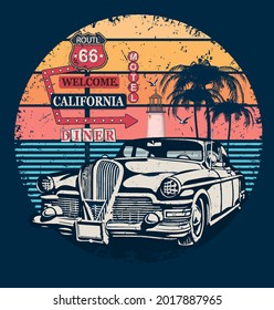 California typography for t-shirt print with sign route 66 and retro car.Vintage poster.