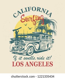 California typography for t-shirt print with surf,beach and retro Woody Car.Vintage poster.