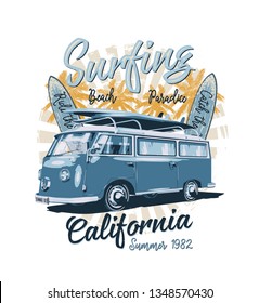 California typography for t-shirt print with surf,beach and retro bus.Vintage poster.
