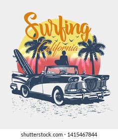 California typography for t-shirt print with surf,beach and retro сar.Vintage poster.