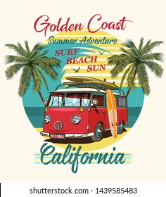 California typography for t-shirt print with surf,beach and retro bus.Vintage poster.