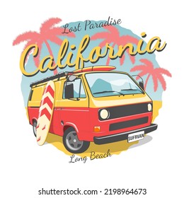 Tipografía californiana para la impresión de camisetas con surf, playa y autobús retro. Afiche de época. 10.