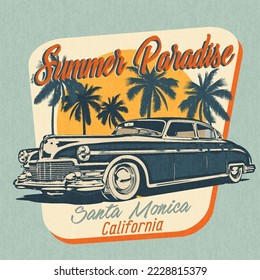 California typography for t-shirt print with surf,beach and retro сar.Vintage poster.