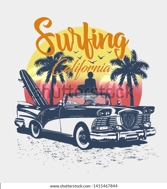 California typography for t-shirt print with\
surf,beach and retro сar.Vintage\
poster.
