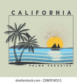 California typography for t-shirt print, and vector illustration.Vector illustration on the theme of surf and surfing in California. Grunge background. Typography, t-shirt graphics, print, poster