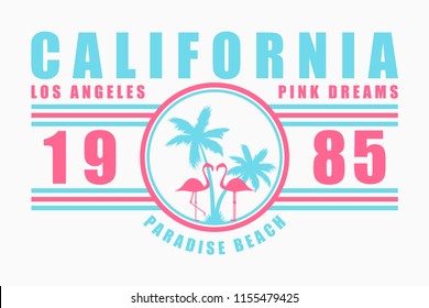 Tipografia da Califórnia para camiseta com slogan. Los Angeles gráficos de moda com palmeira e flamingo para roupas de design. Ilustração vetorial.