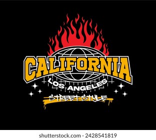 california typography urban design with world burning illustration vector graphic for print, t shirt, apparel, streetwear