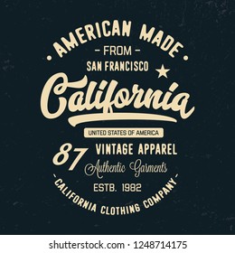 California typography. Vintage vector t-shirt and apparel design,  print, logo, poster. Vector