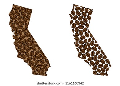 California (United States of America) -  map of coffee bean, California map made of coffee beans,