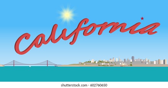 California United states of America usa us sign with San Francisco city skyline Golden gate bridge flat exterior detail background view travel label theme scene vector illustration label