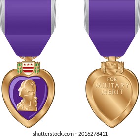 CALIFORNIA, UNITED STATES – July 29, 2021: Front And Back Vector Illustration Of Purple Heart Medal Earned For Military Merit Isolated On A White Background.