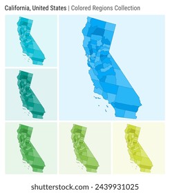 California, United States. Map collection. State shape. Colored counties. Light Blue, Cyan, Teal, Green, Light Green, Lime color palettes. Border of California with counties. Vector illustration.