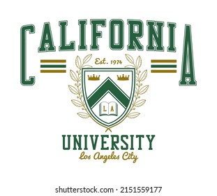 California university t-shirt design with varsity shield and laurel wreath. Tee shirt and sports apparel print in college style. Vector illustration. - Shutterstock ID 2151559177