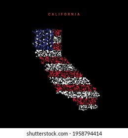 California US state flag map, chaotic particles pattern in the colors of the american flag. Vector illustration isolated on black background.