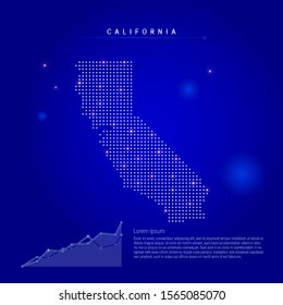 California US state illuminated map with glowing dots. Infographics elements. Dark blue space background. Vector illustration. Growing chart, lorem ipsum text.