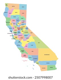 California, U.S. state, multi colored political map with borders, county names and its capital Sacramento. State in the Western United States on the Pacific Coast, subdivided into 58 counties.