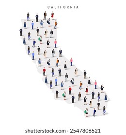 California US state population map. Large group of realistic a diverse crowd of people figures. Flat vector illustration isolated on white.