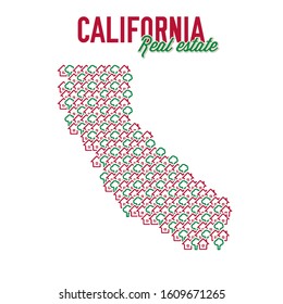 California US state realty creative concept. Icons of houses with gardens in the shape of a map of California. Vector illustration.