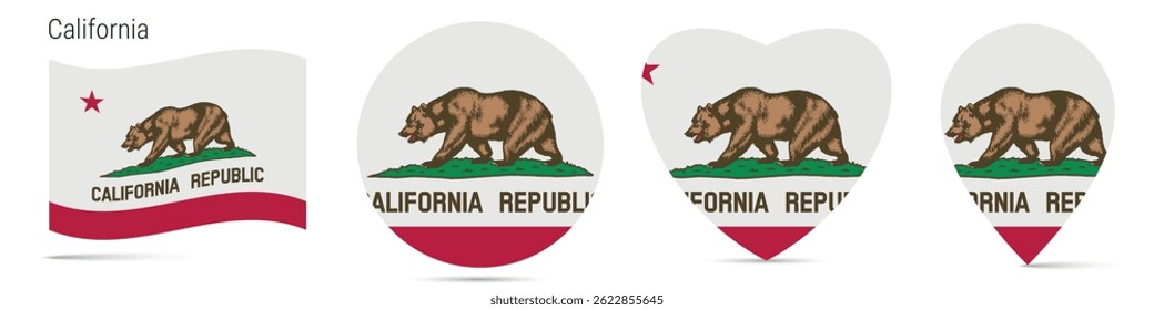 California US state waving flag, round circle sticker badge, heart shaped icon, map pin. Flag buttons of different shapes. Vector illustration isolated on white.