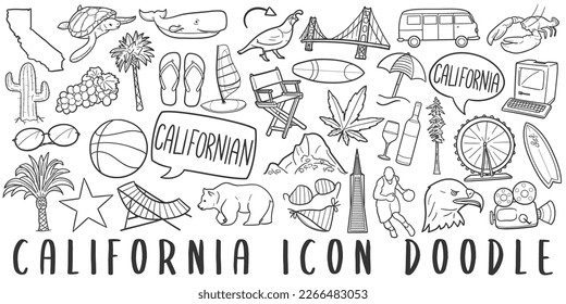 California, USA Doodle Icons. Hand Made Line Art. Californian Icon Clipart Logotype Symbol Design.