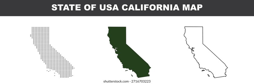 California USA map in different styles on white background state outline dotted and filled