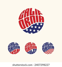 Juego de botones o pegatinas patrióticas de California USA. Ilustración vectorial para stickers de viajes, insignias políticas, marketing.
