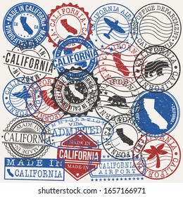 California, USA Set of Stamps. Travel Passport Stamps. Made In Product. Design Seals in Old Style Insignia. Icon Clip Art Vector Collection.