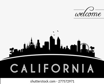 California USA Skyline Silhouette, Black And White Design, Vector Illustration