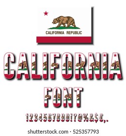 California USA state flag font. Numbers and symbols stylized by state flag. Vector typeset