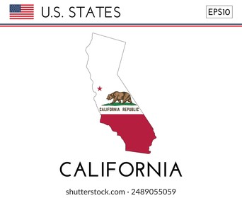 California USA state map shape with flag. Map of California in the California flag colors. Outline map filled with its flag colors. Vector illustration.