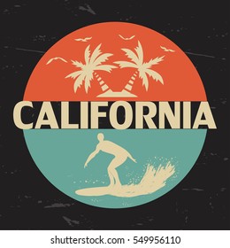 California. USA. Typography for the design of clothing, t-shirts. Gulls, sun, palm, wave surfer on a surfboard. A circle. Graphics for printed materials. Vector illustration.