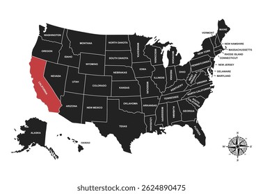 California, EE.UU., mapa de Vector aislado en el mapa de Estados Unidos. Mapa de Vector en blanco editable de EE.UU.