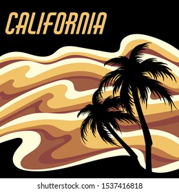 California. Vector hand drawn landscape with palms isolated. Template for card, poster, banner, print for t-shirt, pin, badge, patch.
