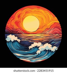 California vector illustration for t-shirt and other uses. A retro sunset over the ocean wave illustration.