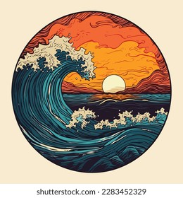 California vector illustration for t-shirt and other uses. A retro sunset over the ocean wave illustration.