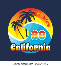 California - vector illustration in vintage graphic style for t-shirt and other print production. Palms, wave and sun creative logo badge. Summer vacation concept. Design elements.