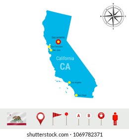 California Vector Map Isolated on White Background. Detailed Silhouette of California State. Vector Flag of California. 3D Map Markers or Pointers, Navigation Elements. Rose of Wind or Compass Icon