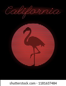 California. Vector poster with silhouette of flamingo and circle made in vaporwave style. Template for card, poster, banner, print for t-shirt, pin, badge, patch.