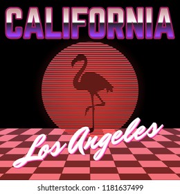 California. Vector poster with silhouette of flamingo and circle made in vaporwave style. Template for card, poster, banner, print for t-shirt, pin, badge, patch.