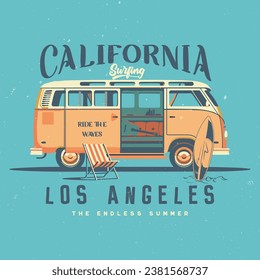 Ilustración de vehículos de surf vectoriales de California, Los Angeles vector Ilustración de Surfing Flores hawaianas. Para camisetas y otros usos.  Diseño de camisetas de la playa California Santa Mónica. Obra de arte de Beach Vbes